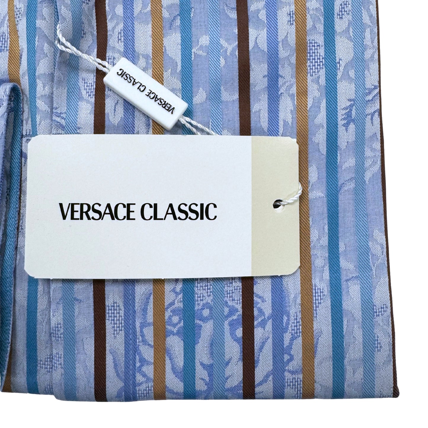 Versace Blue & Brown Striped Floral Detail Dress Shirt