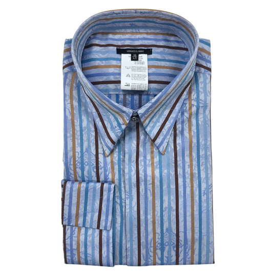 Versace Blue & Brown Striped Floral Detail Dress Shirt