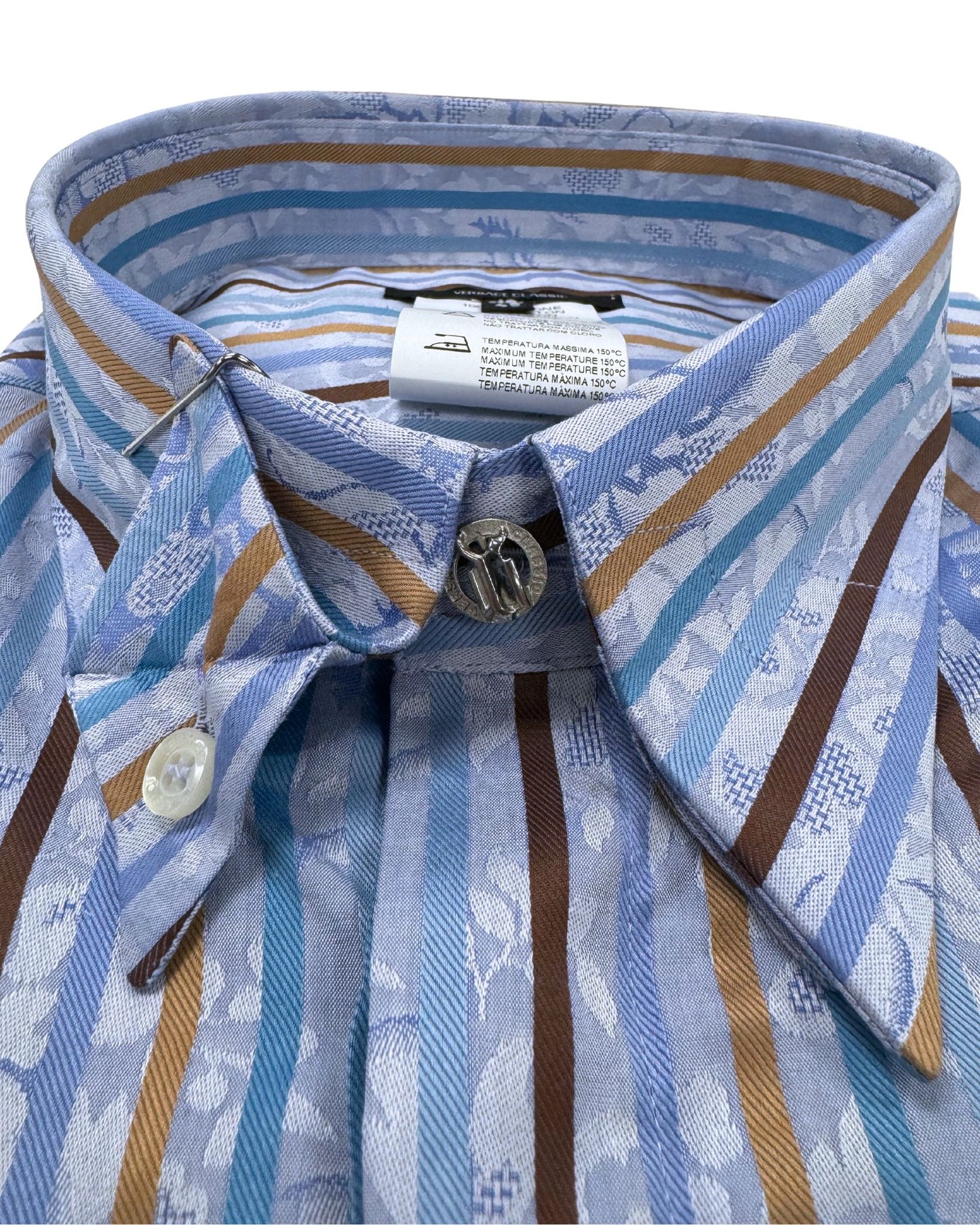 Versace Blue & Brown Striped Floral Detail Dress Shirt