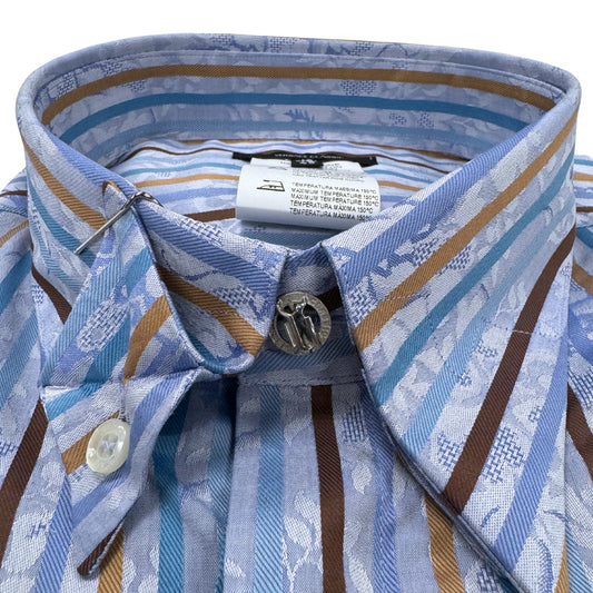 Versace Blue & Brown Striped Floral Detail Dress Shirt