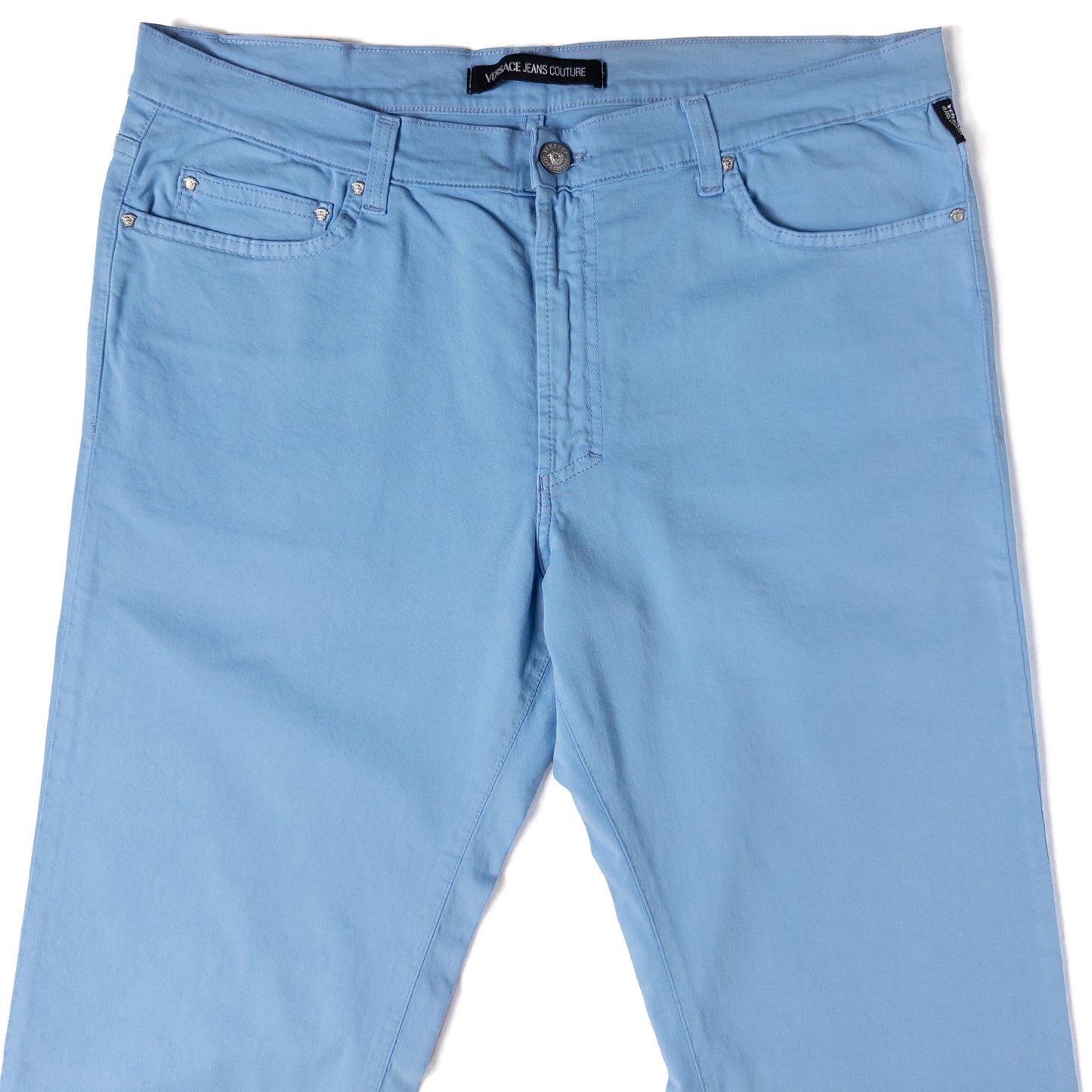 versace light blue jeans front closeup