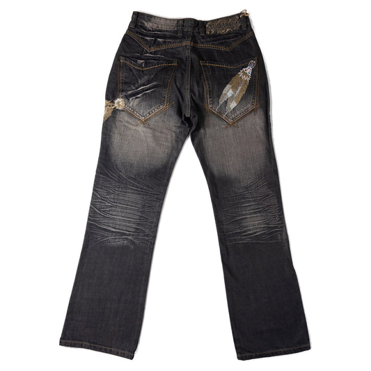 Black distressed faded jeans with decorative gold embroidery back side