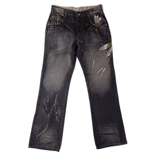 Black distressed jeans with decorative gold embroidery front