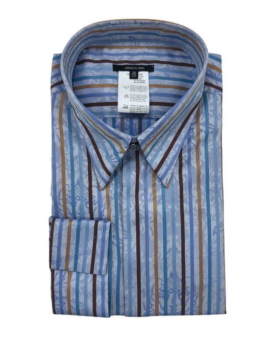 Versace Blue & Brown Striped Floral Detail Dress Shirt
