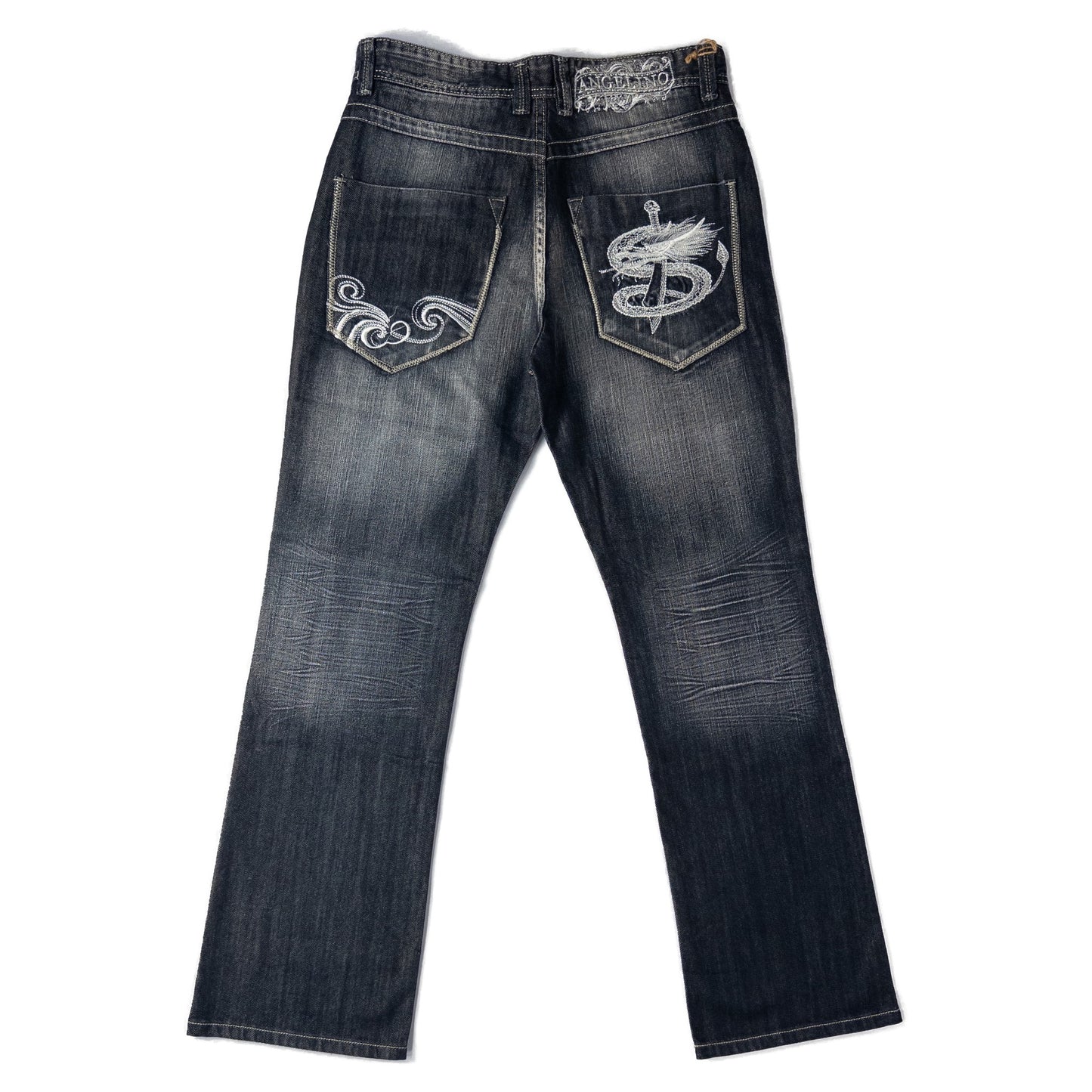 Faded dark blue jeans with decorative stitching