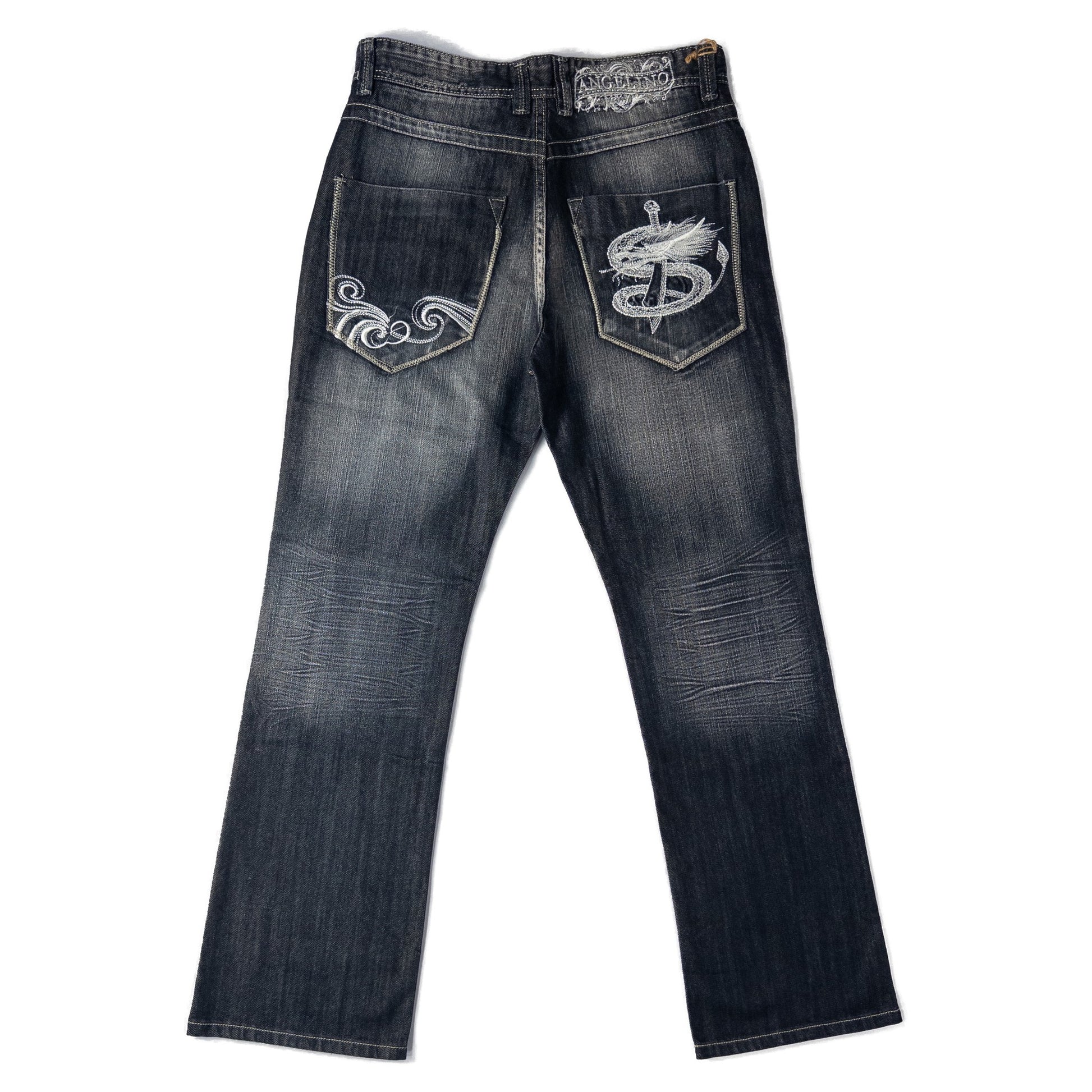 Faded dark blue jeans with decorative stitching