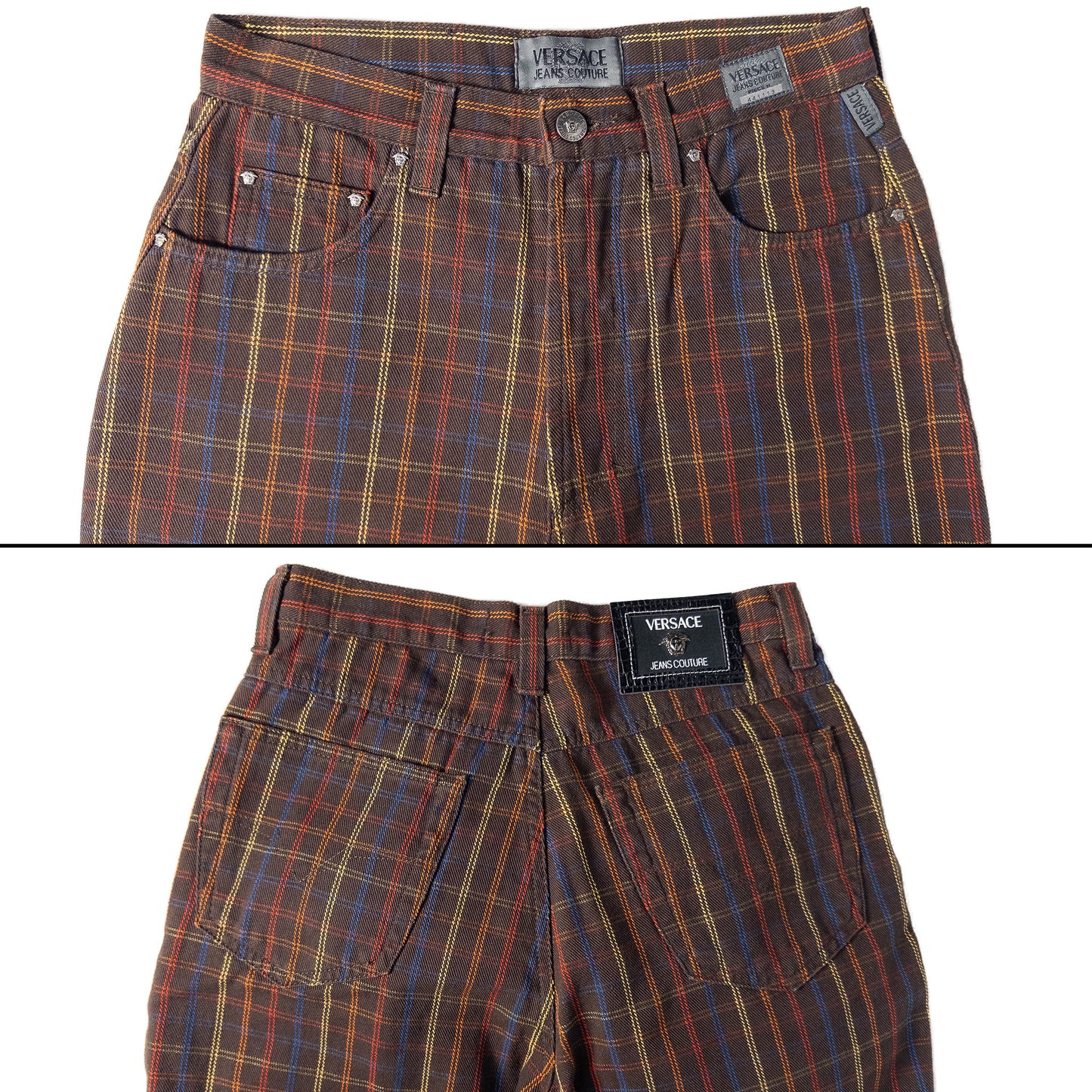 brown Plaid pants with Versace label 