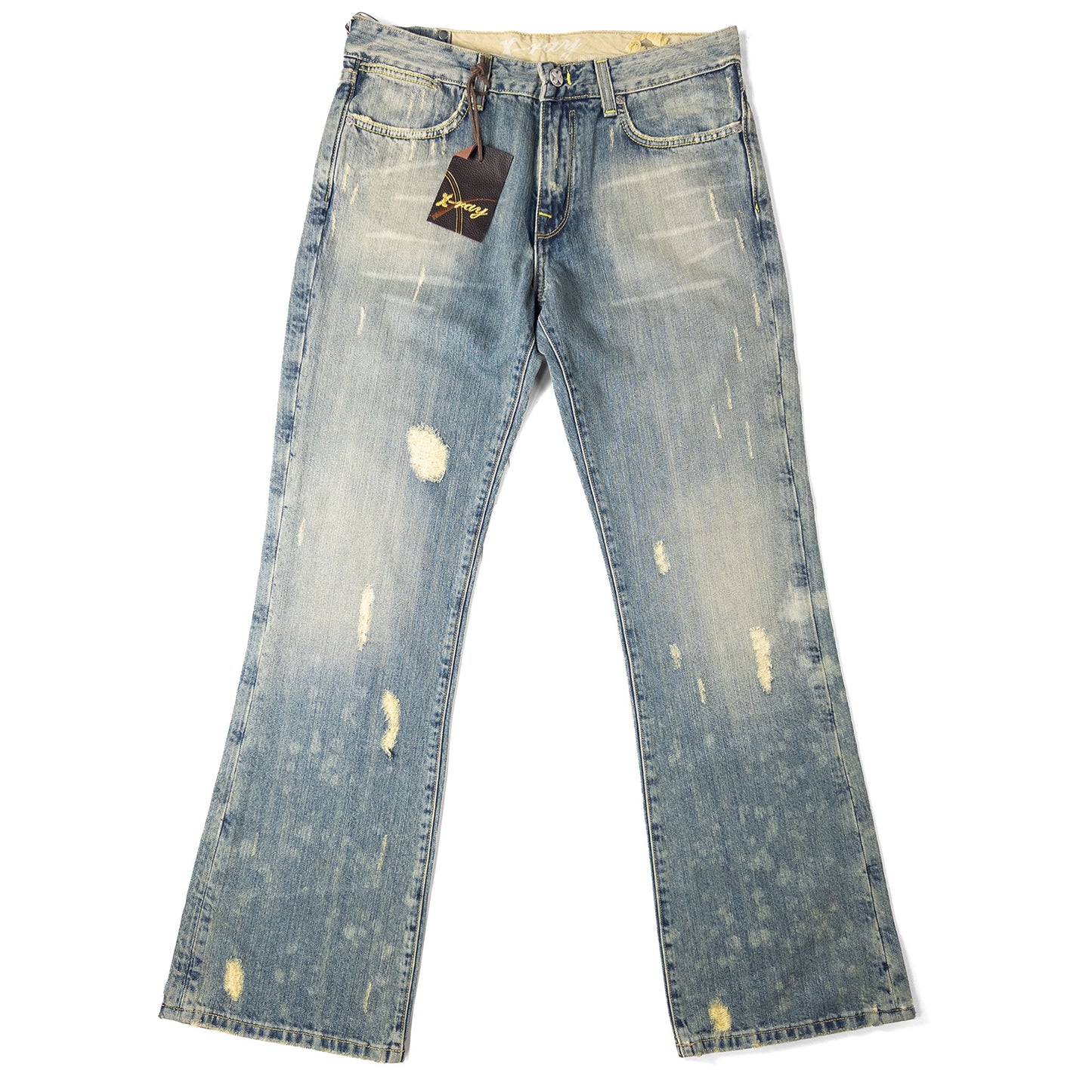 Distressed light blue jeans with leather tag